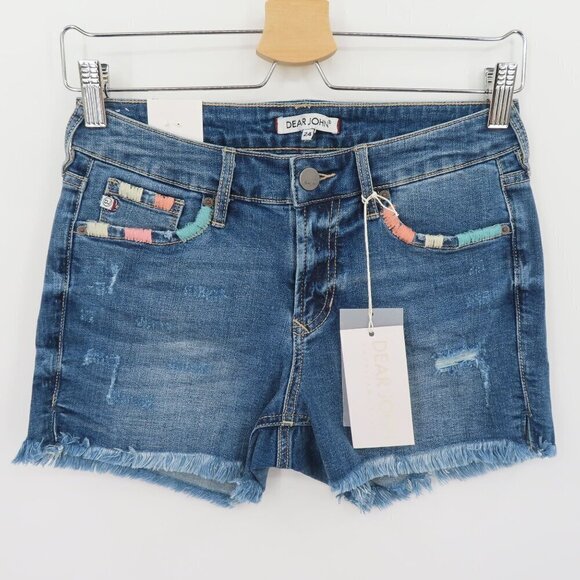 Dear John Women 24 Bloomfield Embroidered Distressed Hem Denim Jean Shorts NEW - Picture 10 of 11